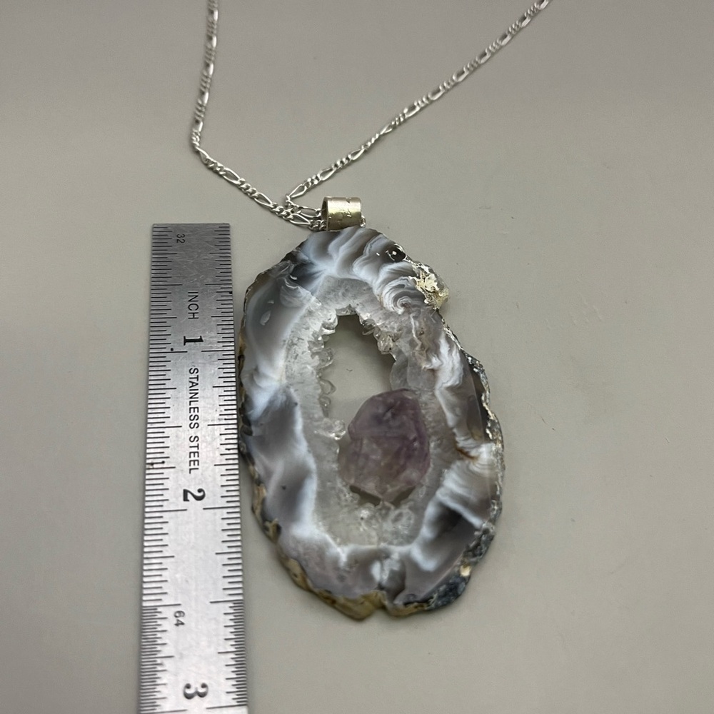 Purple and Silver Geode Banded Agate Slice Necklace - Picture 5 of 6